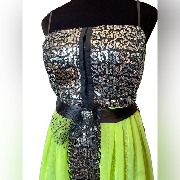 NEW City Studio Neon Yellow Metallic Silver Sequin Hi Lo Bustier Formal Dress - Picture 2 of 8